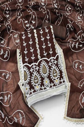 Brown colour with embroidered work chanderi cotton semi stitched dress with unstitched bottom