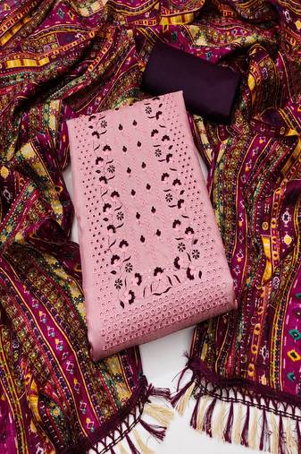 Peach colour with embroidered work chanderi cotton semi stitched dress with unstitched bottom