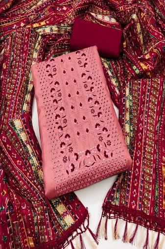 Pink colour with embroidered work chanderi cotton semi stitched dress with unstitched bottom