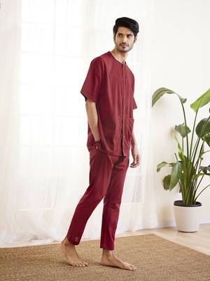 Maroon Cotton Kurta Pyjama Set 2