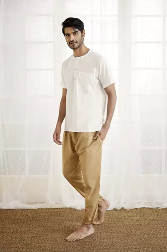 White And Beige Cotton Kurta Pyjama Set