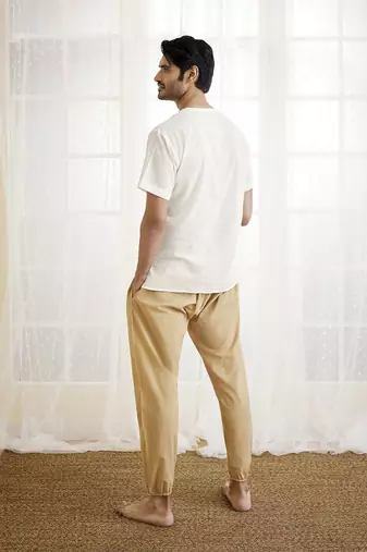 White And Beige Cotton Kurta Pyjama Set