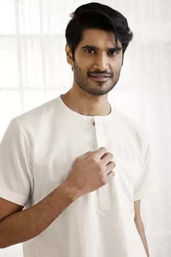 White And Beige Cotton Kurta Pyjama Set