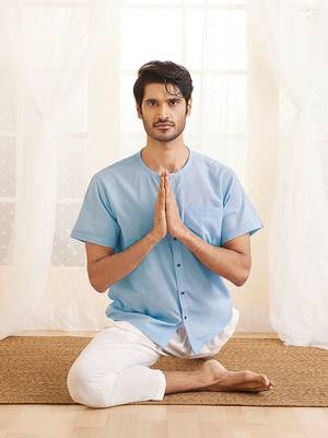 Men'S Aqua And White Cotton Kurta Pyjama Set 1