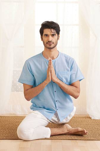 Men'S Aqua And White Cotton Kurta Pyjama Set
