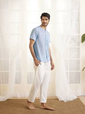 Men'S Aqua And White Cotton Kurta Pyjama Set 2