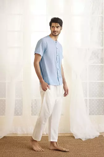 Men'S Aqua And White Cotton Kurta Pyjama Set
