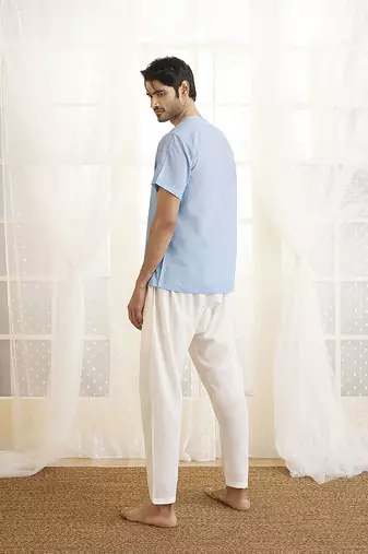 Men'S Aqua And White Cotton Kurta Pyjama Set