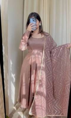Party wear chinnon shiny fabric long gown with dupatta sets 1