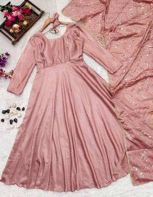 Party wear chinnon shiny fabric long gown with dupatta sets 3