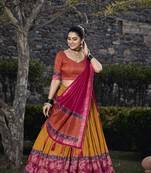Yellow Color Function Wear Floral Print With Foil Print  Tussar Silk  Lehenga Choli