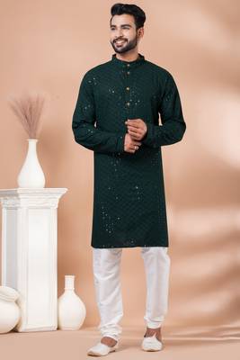 Premium green designer festival wear traditional kurta pyjama set 1