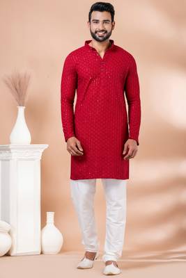 Premium red designer festival wear traditional kurta pyjama set 1