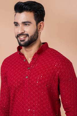 Premium red designer festival wear traditional kurta pyjama set 2