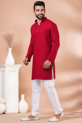 Premium red designer festival wear traditional kurta pyjama set 4