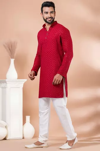 Premium red designer festival wear traditional kurta pyjama set