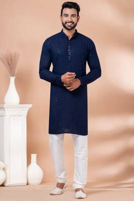 Premium navy blue designer festival wear traditional kurta pyjama set 1