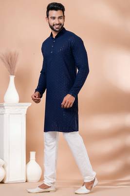 Premium navy blue designer festival wear traditional kurta pyjama set 4