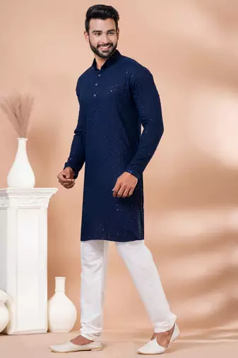 Premium navy blue designer festival wear traditional kurta pyjama set