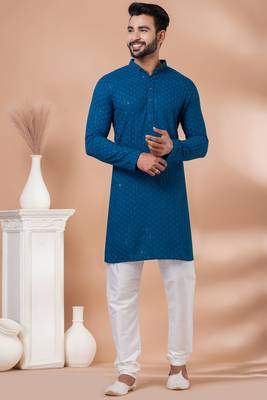 Premium teal designer festival wear traditional kurta pyjama set 1