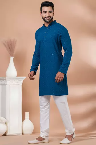 Premium teal designer festival wear traditional kurta pyjama set