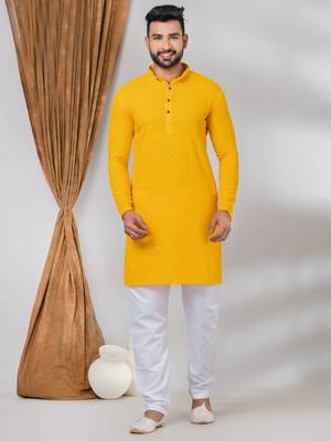 Premium mustard designer festival wear traditional kurta pyjama set 1