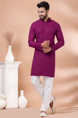 Premium magenta designer festival wear traditional kurta pyjama set 1