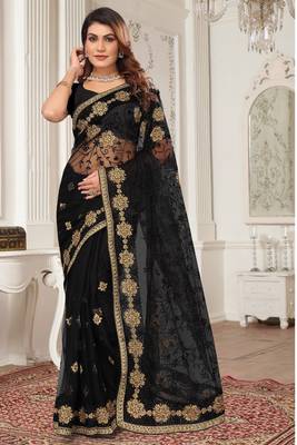Black Zari Embroidered Stone Border Net Saree With Matching Blouse Piece 1