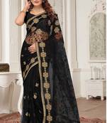Black Zari Embroidered Stone Border Net Saree With Matching Blouse Piece
