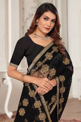 Black Zari Embroidered Stone Border Net Saree With Matching Blouse Piece 2