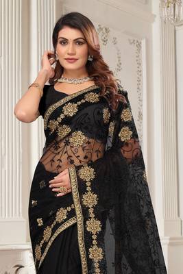 Black Zari Embroidered Stone Border Net Saree With Matching Blouse Piece 3