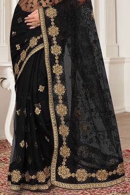Black Zari Embroidered Stone Border Net Saree With Matching Blouse Piece 4