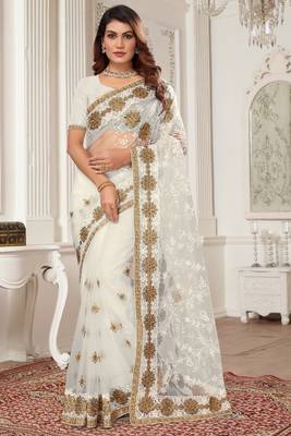 White Zari Embroidered Stone Border Net Saree With Matching Blouse Piece 1