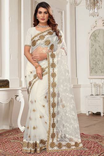 White Zari Embroidered Stone Border Net Saree With Matching Blouse Piece