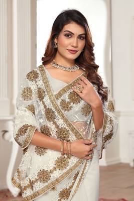 White Zari Embroidered Stone Border Net Saree With Matching Blouse Piece 2