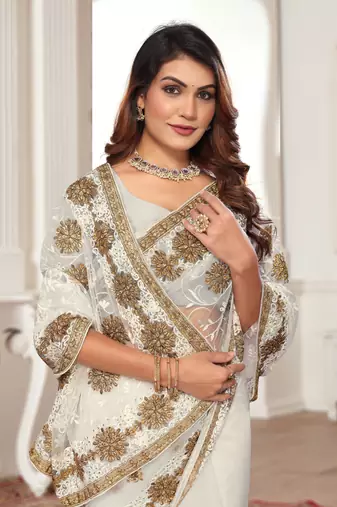 White Zari Embroidered Stone Border Net Saree With Matching Blouse Piece