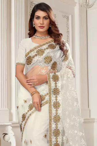 White Zari Embroidered Stone Border Net Saree With Matching Blouse Piece