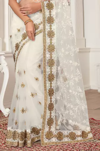 White Zari Embroidered Stone Border Net Saree With Matching Blouse Piece