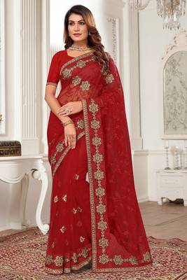Red Zari Embroidered Stone Border Net Saree With Matching Blouse Piece 1