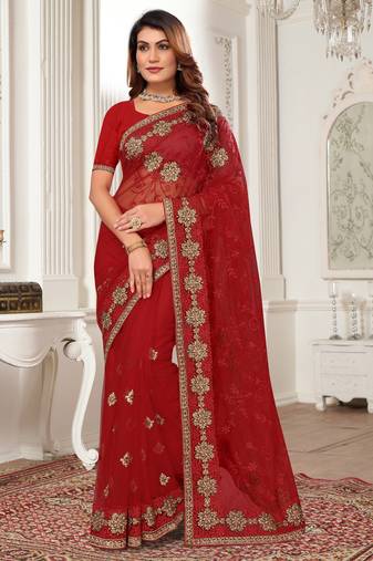 Red Zari Embroidered Stone Border Net Saree With Matching Blouse Piece
