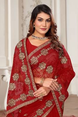 Red Zari Embroidered Stone Border Net Saree With Matching Blouse Piece 2