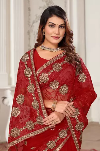 Red Zari Embroidered Stone Border Net Saree With Matching Blouse Piece