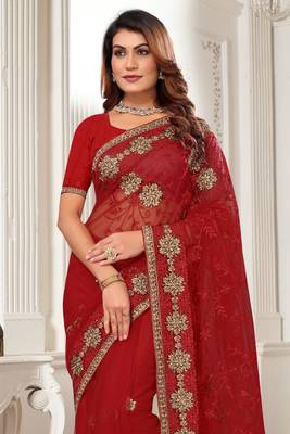 Red Zari Embroidered Stone Border Net Saree With Matching Blouse Piece 3