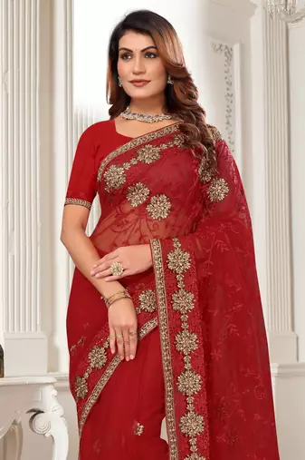 Red Zari Embroidered Stone Border Net Saree With Matching Blouse Piece