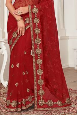 Red Zari Embroidered Stone Border Net Saree With Matching Blouse Piece 4