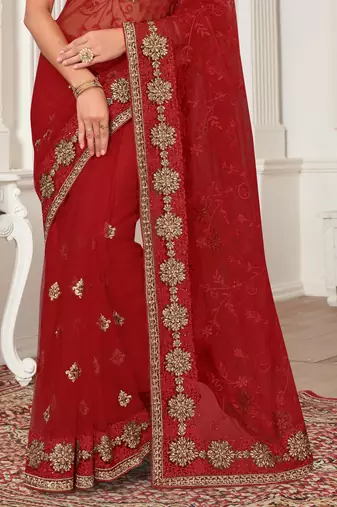 Red Zari Embroidered Stone Border Net Saree With Matching Blouse Piece