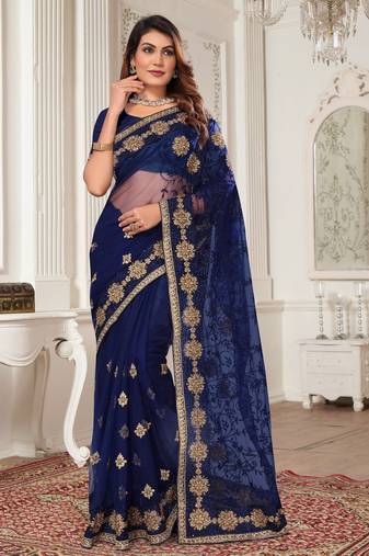 Navy Blue Zari Embroidered Stone Border Net Saree With Matching Blouse Piece