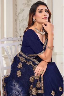 Navy Blue Zari Embroidered Stone Border Net Saree With Matching Blouse Piece 2