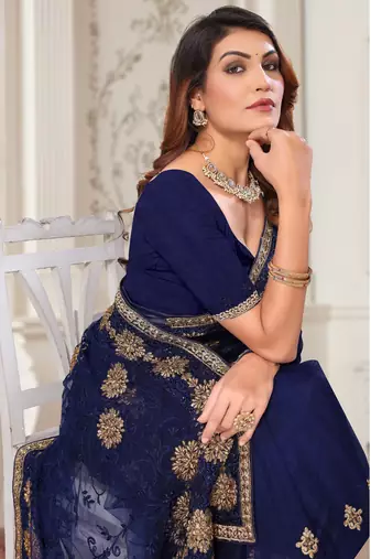 Navy Blue Zari Embroidered Stone Border Net Saree With Matching Blouse Piece
