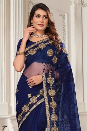 Navy Blue Zari Embroidered Stone Border Net Saree With Matching Blouse Piece